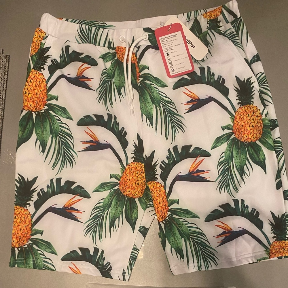 Allover Tropical Pineapple Print Swim Trunks